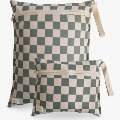 mushie Water Resistant Wet Bags | Large & Small Reusable Storage Bag for Baby Items and Travel | Zippered Pockets with Handle | Machine Washable, Set of 2 (Olive Check)