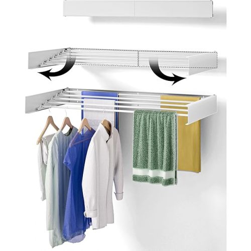 Wall Mounted Drying Rack, 31.5" Wide, 13.2 Linear Ft, 100% Aluminum Rods Space Saving Clothes Drying Rack with Wall Template for Indoor & Outdoor Organization, 60 lb Capacity (White 31.5" Medium)