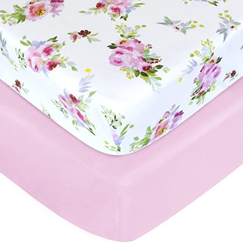 Crib Sheets Girls 2 Pack Floral, Fitted Crib Sheet for Standard Size Crib and Toddler Mattresses, Soft and Breathable Material, Floral