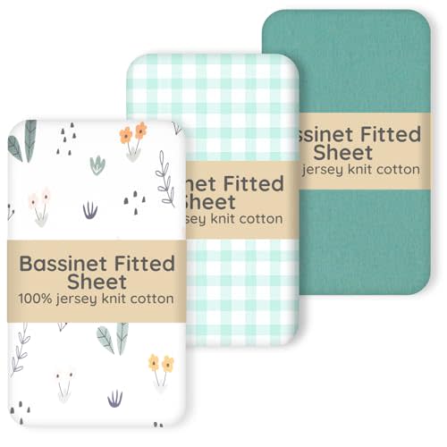 100% Jersey Cotton Bedside Bassinet Sheets 21" x 35" Fits Ezebaby, Evolur Stellar, Amke and Mereryi Baby Bassinet, Super Soft and Breathable Bassinet Fitted Sheets for Baby, 3 Pack, Green