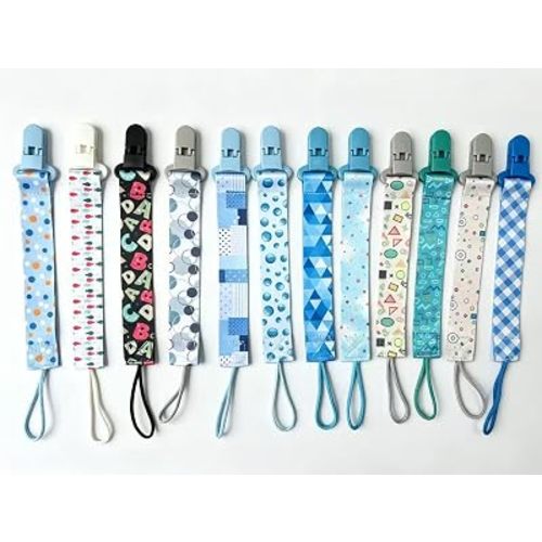 12 Pack Pacifier Clips with Adjustable Strap (32-46.5cm)/Short Strap(25.5cm) - Premium Polyester Baby Pacifier Holder Set, Multi-Design Clips for Boys Girls (Multicolor I)