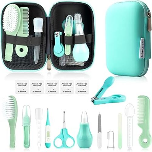 Baby Grooming Kit, Infant Safety Care Set with Hair Brush Comb Nail Clipper Nasal Aspirator,Baby Essentials Kit for Newborn Girls Boys (Green Baby Grooming kit)