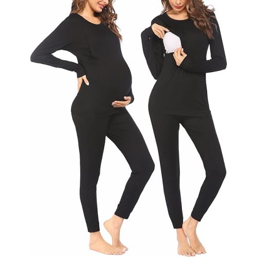 Ekouaer Nursing Pajama Set Long Sleeve Maternity Sleepwear Labor Delivery Pjs Breastfeeding Thermal Underwear Clothes