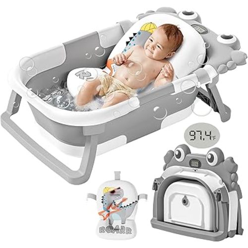 Collapsible Baby Bathtub for Newborn with Soft Floating Cushion & Thermometer Perfect Portable Travel Baby Bath Tub for 0-36 Month Infants to Toddler Boy (Gray)