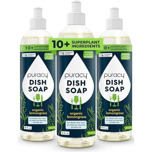Puracy Dish Soap, Gently Scented with Organic Lemongrass for Fragrance Free Glasses, Kitchen Soap That Cares for Dishes & Hands, Skin-Softening Liquid Dishwashing Detergent Soap, 16 Ounce (3-Pack)