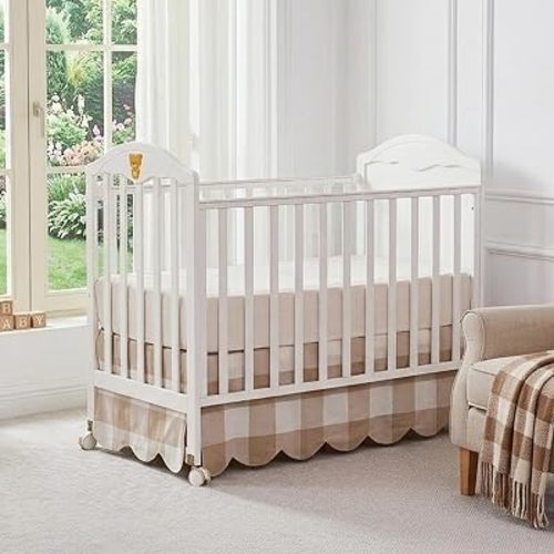 Brandream Scallop Edge Cotton Crib Skirt, Baby Boy Girl Gender Neutral Crib Skirt Toddler Bedskirt Farmhouse Chic Nursery Crib Bed Skirt, Boho Bohemian Khaki Buffalo Plaid Gingham Skirt