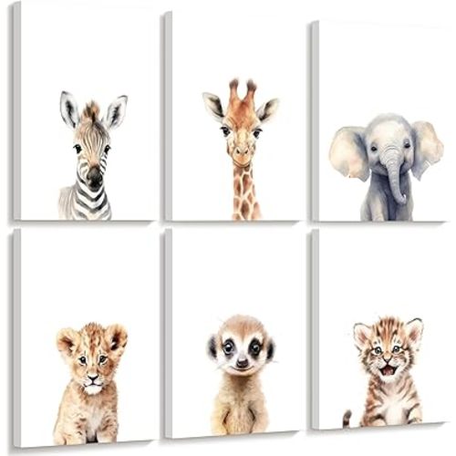 Joocrise Safari Nursery Wall Art Decor Set of 6 Baby Animal Wall Art Kids Canvas Wall Art Safari Nursery Pictures Jungle Animal Prints Baby Boy Art Giraffe Painting for Room Bedroom 8x10 Inch Framed