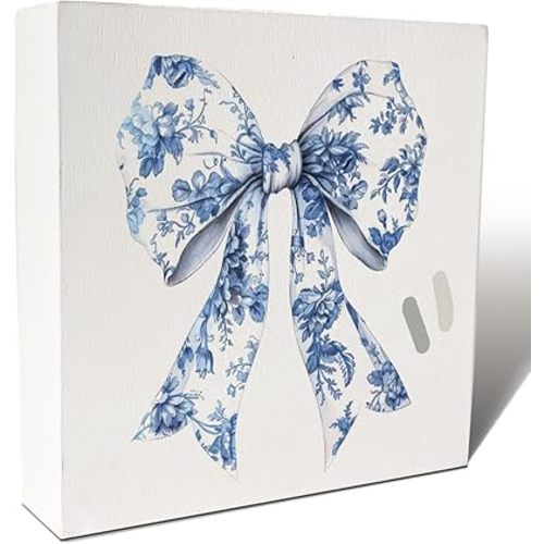 Coquette Room Decor, Blue and White Chinoiserie Floral Bow Wooden Box Sign Desk Decor, Grand Millenial Decor, Vintage Blue Floral Bow Wood Block Signs for Home Desk Shelf Table Decor, 5x5 Inch