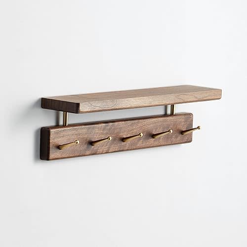 Solid Wood Shelf with Hooks, Coat Rack Wall Mount, Shelves with 5 Brass Hooks for Hanging in Entryway, Living Room, Bathroom, Bedroom, Kitchen(Walnut)