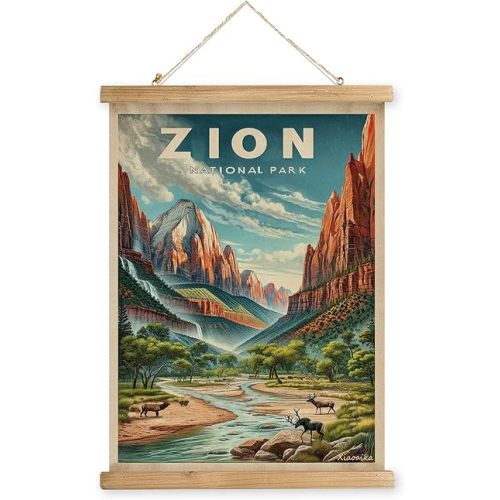 XIAOAIKA Vintage Zion National Park Travel Poster with Wooden Scroll Frame – Holiday Decoration or Gift for Living Room, Bedroom, Office Wall Decor, Retro Art Print 16 x 23 Inches