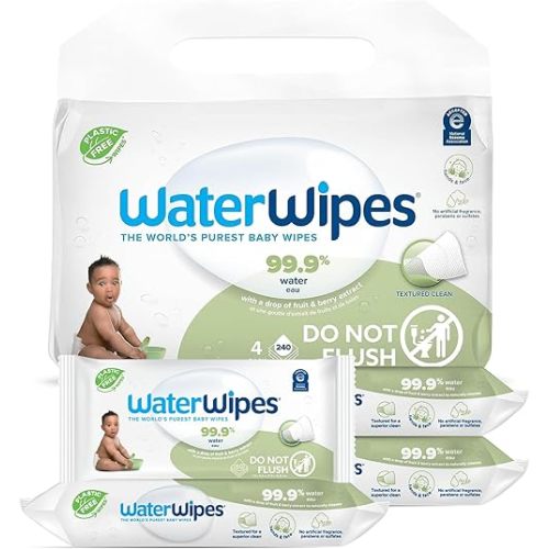 WaterWipes Plastic-Free Textured Clean, Toddler & Baby Wipes, 99.9% Water Based Wipes, Unscented & Hypoallergenic for Sensitive Skin, 60 Count (Pack of 4), Packaging May Vary