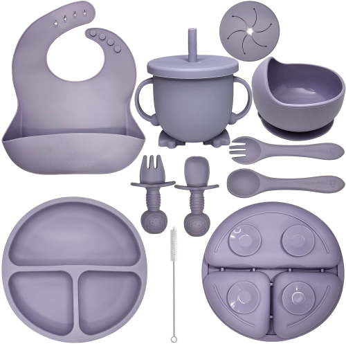 HippoBaby Baby Led Weaning Supplies | 10 Piece Silicone Feeding Set | Baby Toddler Bib Cup Divided Plate and Bowl Self Feeding Spoons Dish Set || Toddler Feeding Supplies (Lavender)