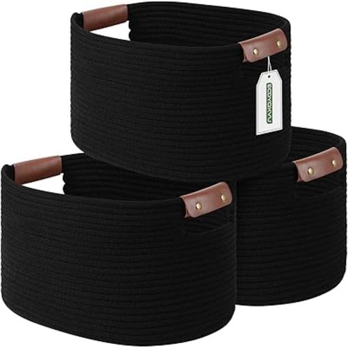 Cotton Rope Basket , Storage Baskets with Handle, 15x10x9 Inch Woven Basket for Shelves, Laundry, Towels, Clothes, Books, Toys (Black 3Pack)