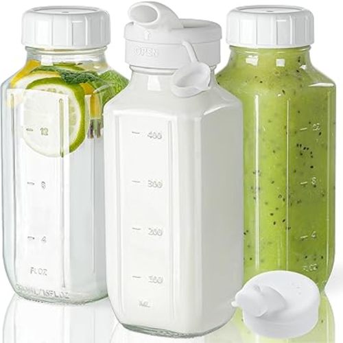 Syntic Glass Juice Bottles with Lids, 3 Pack Clear Glass Water Bottles w 2 Pour Spouts, 16 Oz Reusable Milk Jug w 100% Airtight Cap and Scale for Juicing Containers, Breast Milk Storage, Drinking Jar