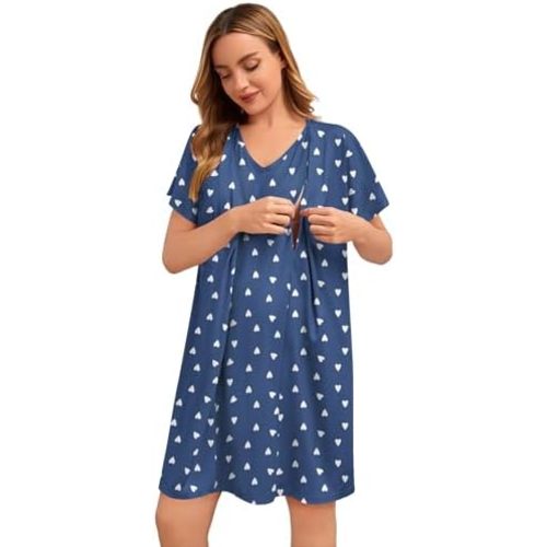 SWOMOG Nursing Nightgown 3 in 1 Labor and Delivery Hospital Gown Maternity Dress Short Sleeve Birthing Robe for Breastfeeding