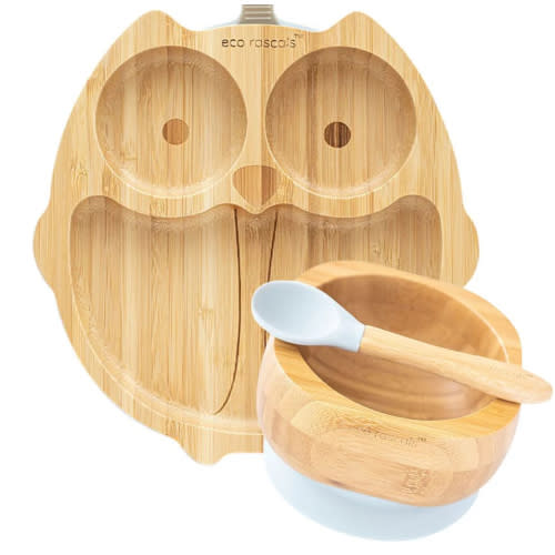 Bamboo Suction Owl Plate and Bowl Set - Grey