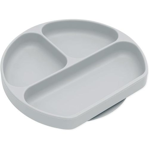 Bumkins Toddler and Baby Suction Plate, Divided Grip Dish for Babies and Kids, Baby Led Weaning, Feeding Supplies, Sticks to Tables and Highchairs, Platinum Silicone, for Chidren 6 Months, Gray