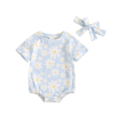 Mevireiy Infant Baby Girl Summer Jumpsuit Daisy Print Short Sleeve Round Neck Romper with Headband