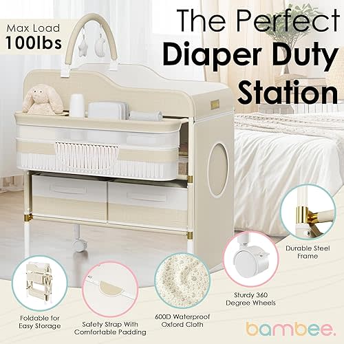 Portable Baby Changing Table with Wheels - Modern Dresser Changing Tables w/Hanging Toys, Laundry Bag, Changing Table Organizer Boxes - Folding Waterproof Baby Diaper Changing Station for Nursery