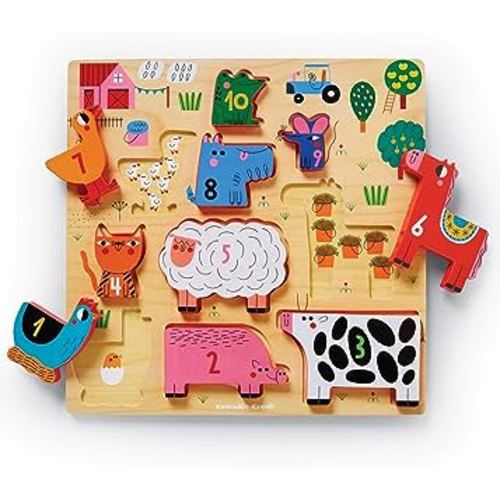 Crocodile Creek Wooden Stacking Puzzle, 10 Chunky Animal Pieces and Two-Sided Base with Play Scene for Kids Ages 2 Years and Up, 11.75 inches, 123 Barnyard