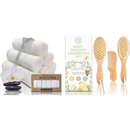KeaBabies Baby Hair Brush and Comb Set for Newborn and 6-Pack Organic Baby Washcloths - Wooden Baby Hair Brush Set with Soft Goat Bristle, Soft Viscose from Bamboo Washcloth