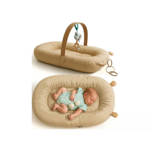 SplashEZ Baby Lounger Pillow for Newborn, Ergonomic Baby Nest & Play Gym for Newborn, 100% Organic Cotton, Breathable, Lightweight & Portable 3D Mesh Pillow for Awake Time (Toys NOT Included), Camel