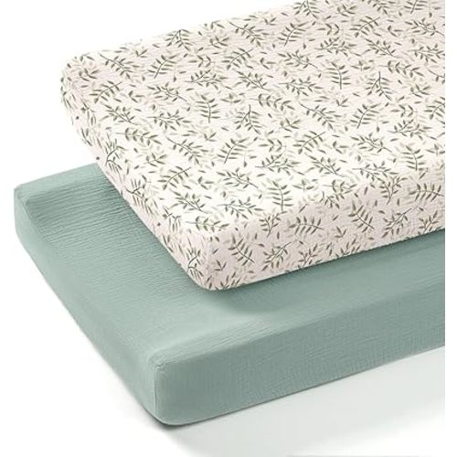 lulumoon Muslin Changing Pad Cover: 2-Pack Soft Breathable Cotton Boho Leaf Print for Baby Girls Boys- Nursery & Baby Shower