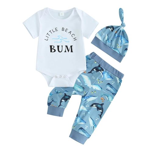 Kayotuas Newborn Baby Boy Girl Clothes Cute Romper Bodysuit and Pants with Hat Western/Ocean 3 Piece Coming Home Outfits