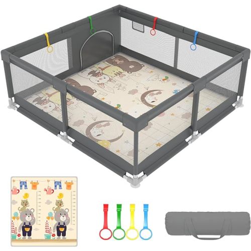 Baby Playpen with Mat 70x59x25.6 Inch Baby Play Yard Sturdy Toddler Play Pen Indoor Outdoor Safty Infant Playard Kids Play Pen with Baby Play Mat Activity Center