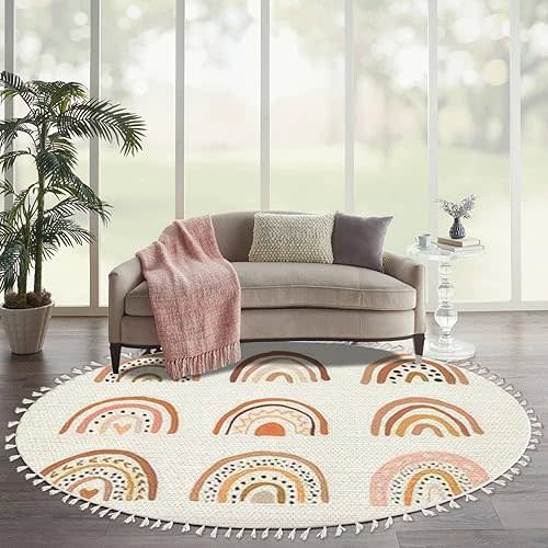Round Boho Rug Hand Drawn Rainbows Cute Set in Pastel and Earthy Colors Isolated Area Linen Carpet Patio Hallway Runner Mat Pad Minimalist Home Decor for Living Room Outdoor, Multi, 6 ft