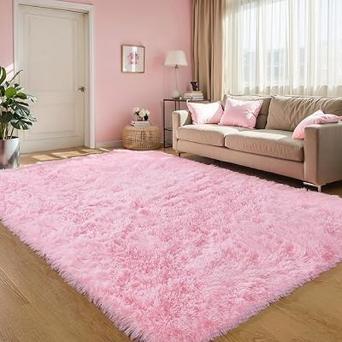 KCHOWUA Pink Fluffy Shag Rug for Bedroom Girls,6'x9' Machine Washable Plush Fuzzy Throw Large Area Rugs for Living Room,Modern Soft Cute Shaggy Furry Nursery Kids Baby Dorm Room Carpets