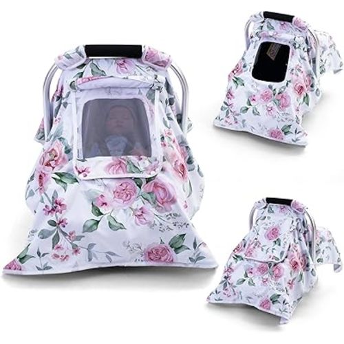 Baby Car Seat Cover, Carseat Covers Baby Girls, Infant Car Seat Cover with 2 Layer Windows, Breathable Baby Carrier Sun Shade Cover, Windproof Car Seat Canopy Weather Shield for Newborn