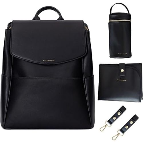 Leather Diaper Bag Backpack with USB Charging port, Changing Pad, Stroller Straps, and Bottle Holder (Black Olivia)