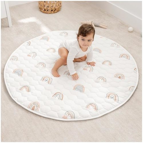 Comfy Cubs Round Kids Play Mat - Medium 48 inches Soft Quilted Baby Floor Mat with Non-Slip Bottom - Plush Design for Toddlers' Playtime - Comfortable and Durable - Rainbow