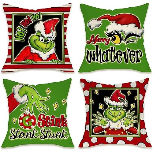 Fahrendom Merry Christmas Whatever Stripe Decorative Throw Pillow Cover 16 x 16 Set of 4, Xmas Hat Hohoho Winter Holiday Porch Patio Pillowcase, Stink Stank Stunk Polka Dot Cushion Case Home Decor