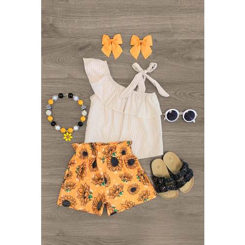 Striped Sunflower Tie Shoulder Short Set