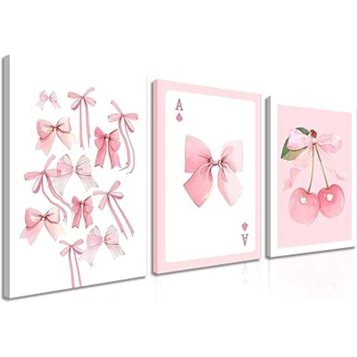 Trendy Pink Bows Canvas Wall Art Set of 3, Vintage Preppy Cherry Posters Prints, Pink Girly Room Aesthetic Wall Decor Painting for College Apartment Living Room Bedroom 12x16 In Framed