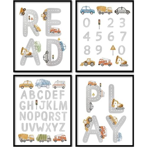 foedor Toddler Learning Posters Hanger Frame,ABC Alphabet Chart Wall Art,Car Wall Art Decor, Playroom Wall Art,Toddler Boy Room Decor for Toddler Playroom Nursery,8x10 Unframed