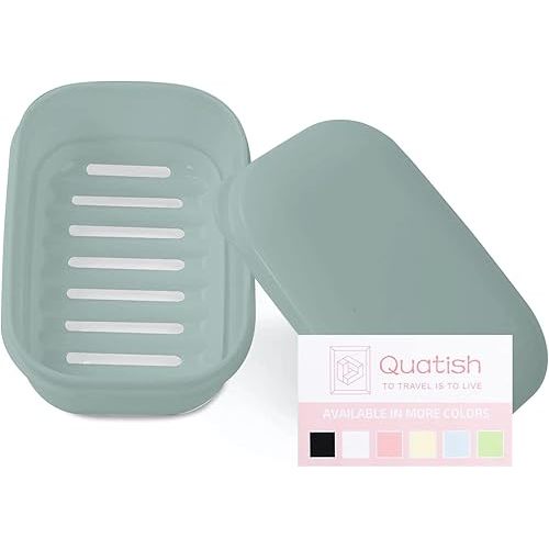 Quatish Leakproof Soap Dish with Lid & Draining Layer, Shatterproof Travel Bar Soap Holder Case Container, Portable Travel Size Toiletries Essentials for Camping, Gym, Bathroom, Greygreen