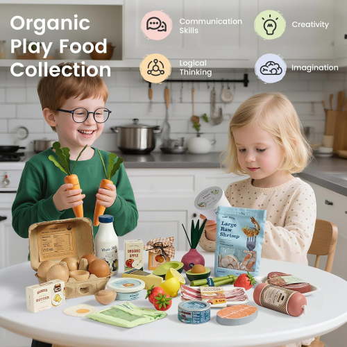 Organic Wooden Vegetable & Fruit Play Set – 7PCS Pretend Food for Kids, Montessori Kitchen Toy for Toddlers, Role Play Grocery Gift