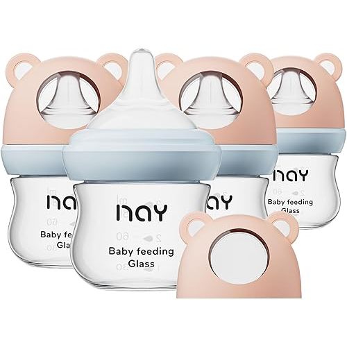 Natural Glass Baby Bottle for Breastfeeding Babies, 3oz Newborn Anti-Colic Baby Bottle with Slow Flow Nipples (SS), Clear, Wide Neck, 4 Pack, 0 Months+