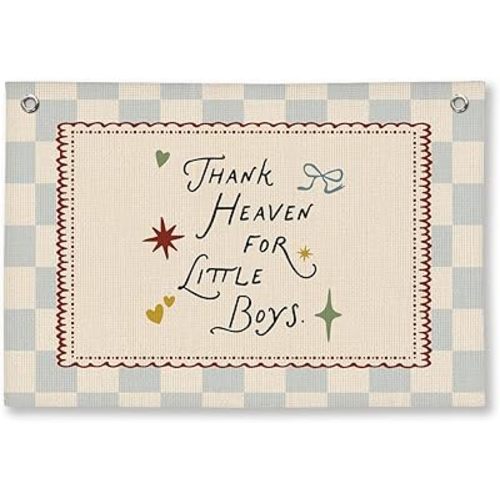 Boys Nursery Decor, Thank Heaven for Little Boys Linen Banner, Baby Shower, Vintage Canvas Wall Hanging, Blue Baby Room Decoration, 30x20 inchs