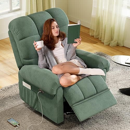 Updated Power Recliner Chair, Adjustable Electric Recliner Chair for Adults, Ultra-Comfy Corduroy Recliner Chair for Small Space, Tool-Free Assembly, 2 Side Pockets and USB Port, Green