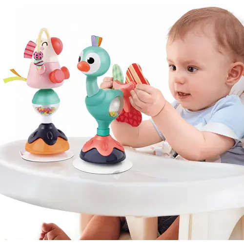 iPlay, iLearn Baby High Chair Toys, Infant Suction Table Rattle Set 6-12 Month, Early Development Grab Spin Sensory Stocking Gift Stuffer for 9 18 Month, 1 2 3 Year Old Toddler Boy Girl- Peacock & Pig