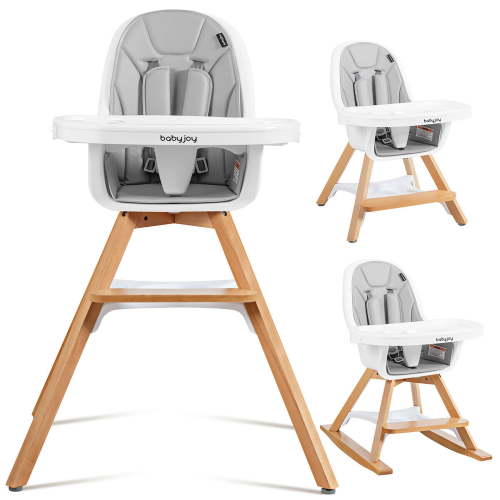 Babyjoy 3-in-1 Convertible Wooden Baby High Chair with Removable Tray, Adjustable Height, Easy Clean Dining Seat, Gray