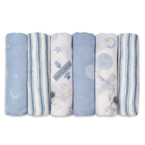 GLLQUEN BABY Receiving Blanket Boy Cotton Muslin Swaddle Blankets Girl Newborn Squares Breathable & Soft Thin Baby Blankets Cloths Double Absorbent Infant Swaddling Wrap - 6 Pack (Blue Astronaut)