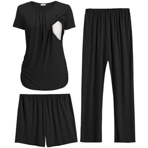 Ekouaer Maternity Nursing Pajamas Set 3 Piece Postpartum Lounge Breastfeeding Pjs Pregnancy Shorts & Pants S-XXL