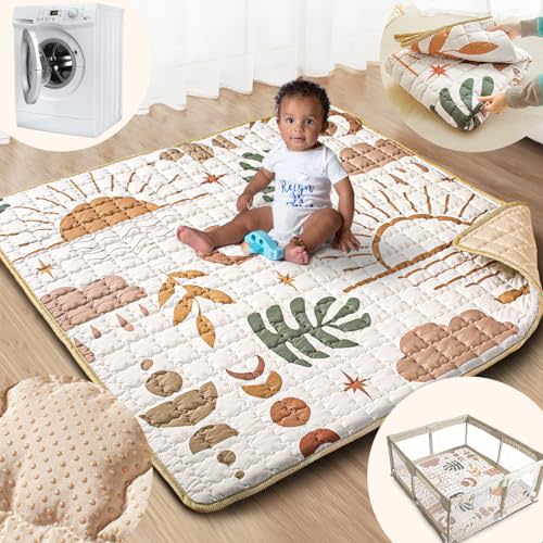 Beavtaens Baby Play Mat, 50x50 Playpen Mat with Super Soft Touch, Activity Mat with Upgraded Anti-Slip Bottom, Machine Washable Crawling Mat for Floor & Picnic(Boho Nature)