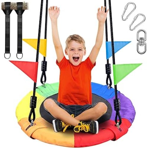 Odoland 24 inch Chidren Tree Swing Net Swing Outdoor Kid Platform Swing with Detachable 600LB Weight Load Oxford Fabric and Adjustable Hanging Ropes for Tree, Backyard and Indoor Color