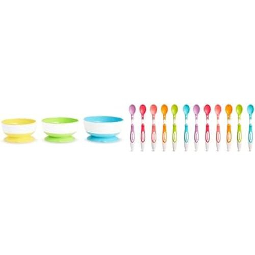 Munchkin® Stay Put™ Suction Bowls for Babies and Toddlers, 3 Pack, Blue/Green/Yellow & ® Soft Tip™ Infant Spoons, 12 Count (Pack of 1)